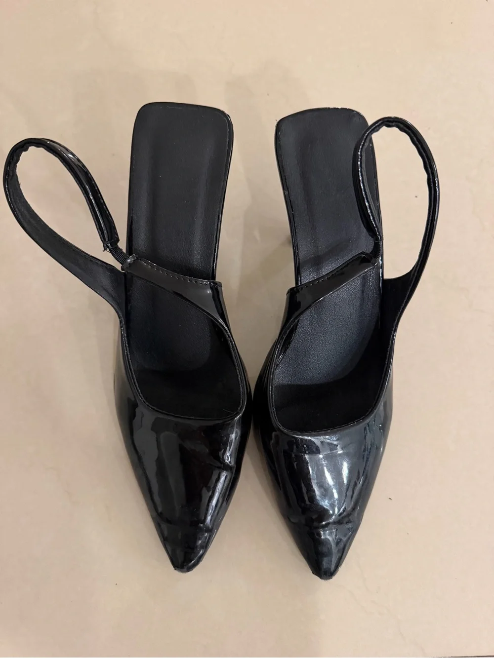 SHEIN Black Patent Pointed Slingback Heels